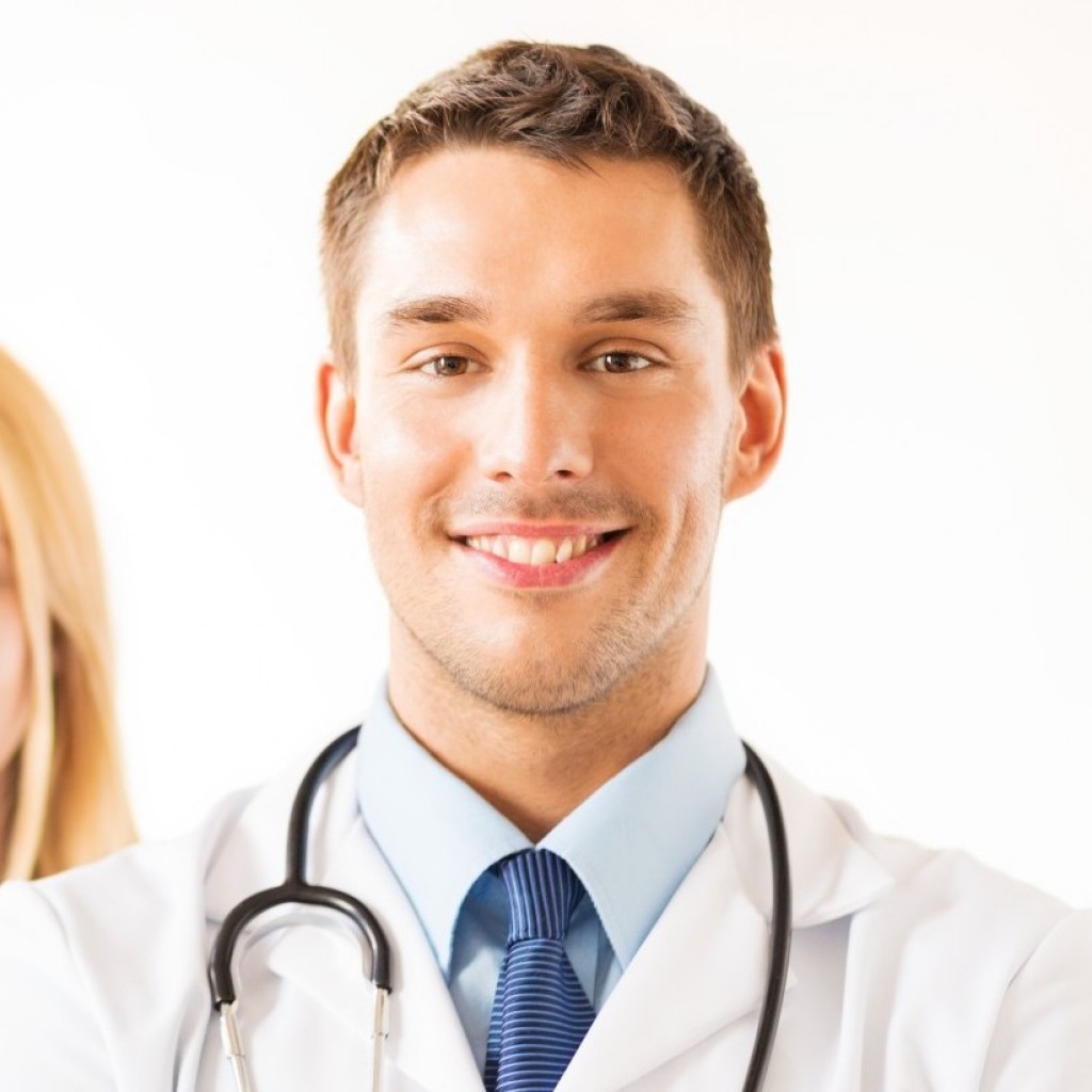 male doctor in front of medical group